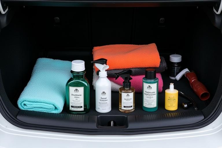 Részletező készlet a csomagtartóban, mikroszálas kendőkkel, tisztítószerekkel és autóápoló eszközökkel.