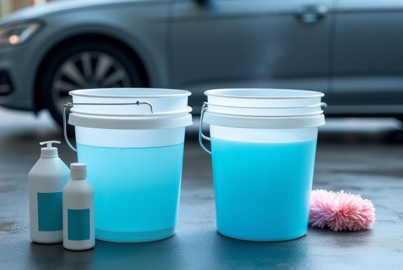 Két vödör autómosáshoz, profi tisztítószerekkel és mikroszálas kesztyűvel. Szürke autó háttere.