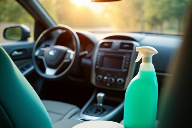 Tisztaságban tartott autó belső tere, tisztítószerek és mikroszálas kendők mellett