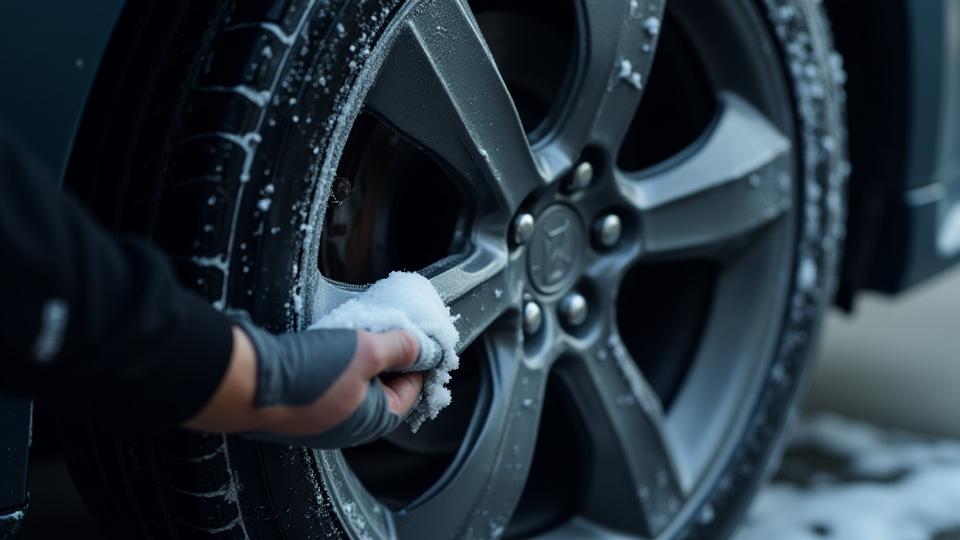 Autó felni tisztítása téli körülmények között.